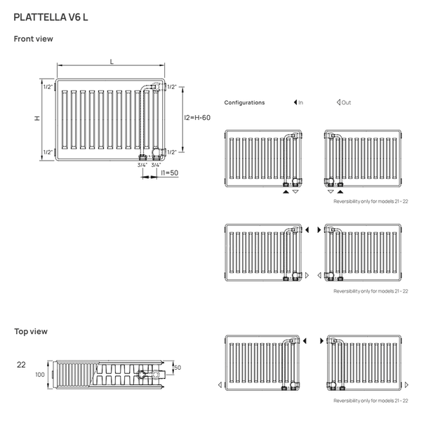 сталеві радіатори DeLonghi Plattella V6L 22 H 400 0181224254 Радіатор сталевий Plattella V6 L тип 22 400 x 1800 2845 Ват нижнє/бокове підкл. DeLonghi 119275 фото