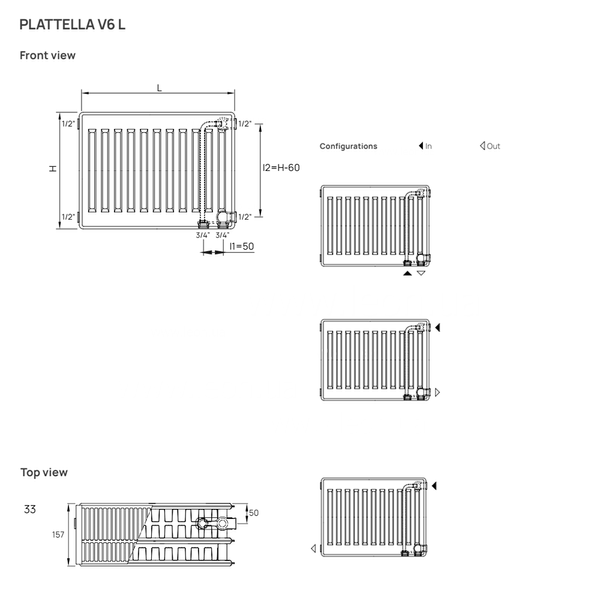сталеві радіатори DeLonghi Plattella V6L 33 H 400 0181334227 Радіатор сталевий Plattella V6 L тип 33 400 x 900 2056 Ват нижнє/бокове підкл. DeLonghi 119285 фото