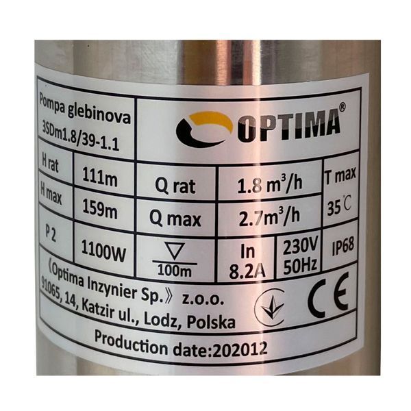 Насос свердловинний з підв, стійк, до піску 3&Prime; OPTIMA 3SDm1,8/39 1,1 кВт 159м +пульт+кабель 1,5мNEW 000021402 фото
