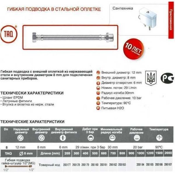 Шланг водяний TUCAI 1/2&Prime;x1/2&Prime; ЗВ 0,8м TAQ MG-1212-800 200183 000004434 фото