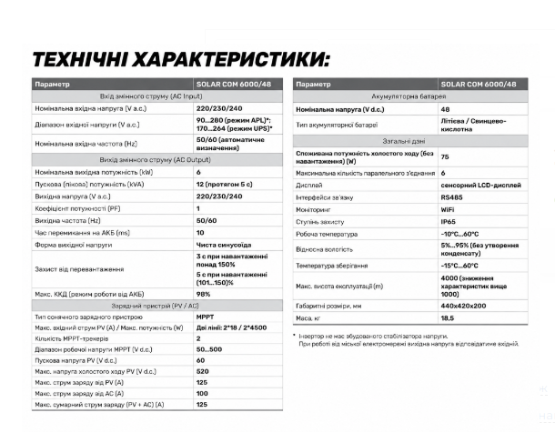 ARUNA Інвертор гібр. SOLAR COM 6000/48 (6kW, 48A, 125А, Wi-Fi) 2200000116857 фото