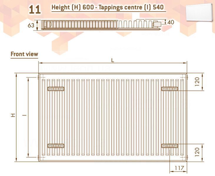 Радіатор сталевий DeLonghi Radiators Compact Panel 11 TEK 600x1600 мм, 2025 Вт, бокове підключення, артикул 0181246148 117214 фото