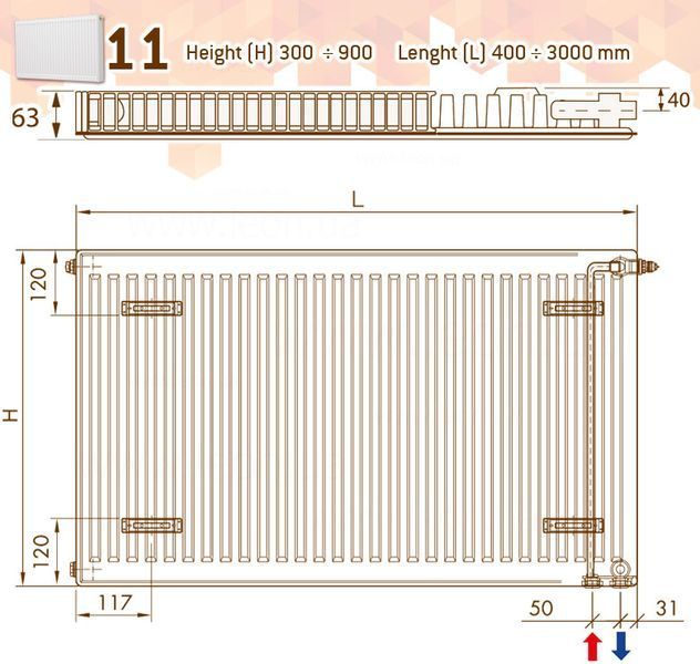 Радиатор стальной DeLonghi Radiators PHD 2.0 Panel 11 TEC 600x400 мм, 506 Вт, боковое правое/нижнее подключение, артикул 0181116312 117665 фото